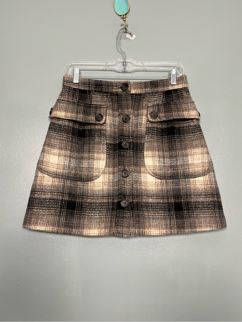 Toccin Patch Pocket Brown Plaid Mini Skirt A-Line Button Front Womens Size 4 NWT